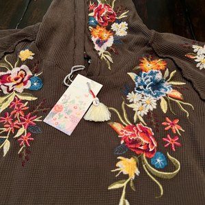 Johnny Was Isla Floral Embroidered Henley Hoodie Green Boho